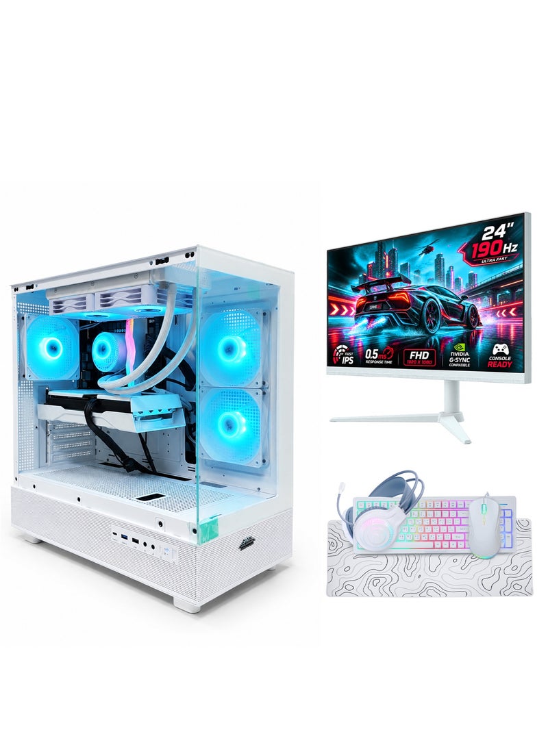 عرب جيمرز مجموعة ألعاب كمبيوتر متكاملة RGB - معالج Intel Core i7-12700F، بطاقة رسومات NVIDIA RTX 5060 8GB، ذاكرة وصول عشوائي 16 جيجابايت، قرص NVMe SSD سعة 1 تيرابايت، شاشة FHD 24 بوصة، لوحة مفاتيح وماوس وسماعة رأس، أبيض - Image 1