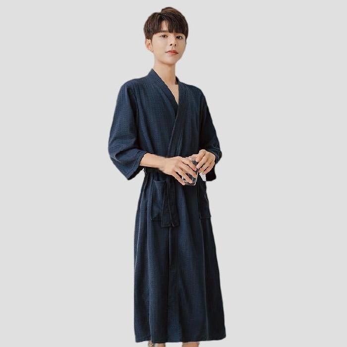 Couple Nightgown Waffle Long Sleeve El Bathrobe Men'S And Women'S Morning Robe Couple Pajamas Mid-Length Home Clothes - Image 1