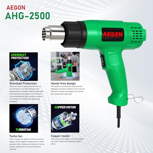 AEGON AHG-2500 2000W Professional Heat Gun – Dual Adjustable Temp 190°C-700°C, 2-Speed Airflow (250-550 L/min) | Ideal for DIY, Shrink Wrapping, Packing & Paint Removal - Image 4