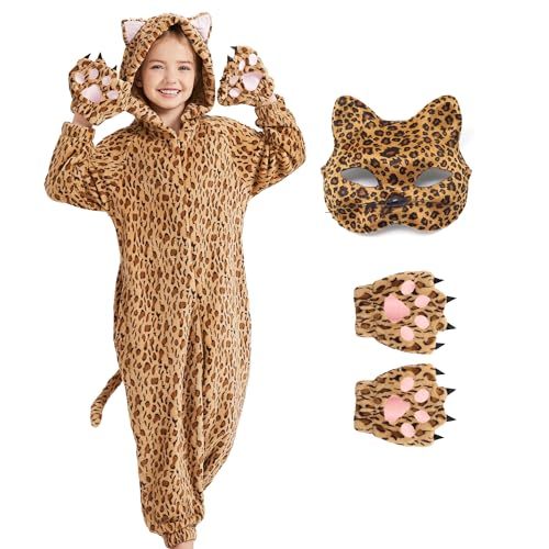 Ezuwail Cheetah Costume Kids Leopard Costume Gloves Mask Cheetah Onesie Bodysuit Cosplay for Girls Boys - Image 1