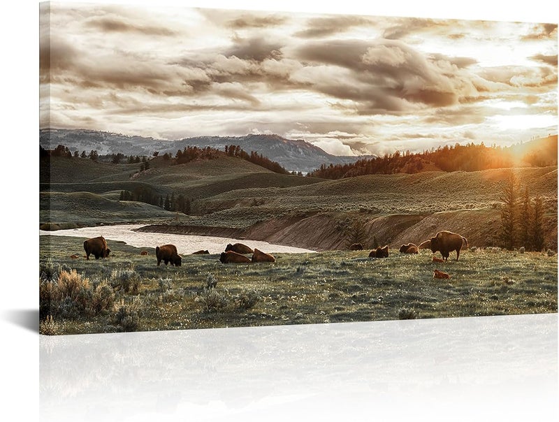 RnnJoile Buffalo Canvas Wall Art - Bison Herd at Yellowstone - Image 1