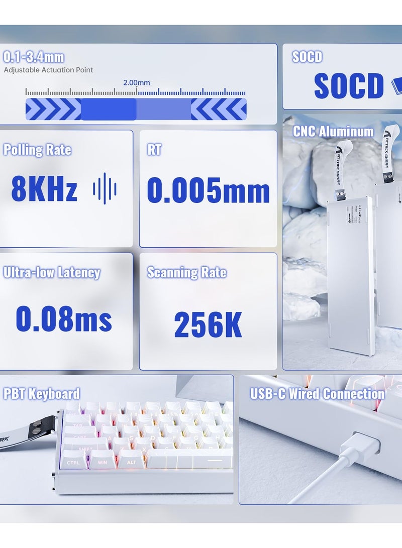 هجوم القرش لوحة مفاتيح الألعاب الميكانيكية X68MAX السلكية سريعة التشغيل TKL RGB الكريمية مع CNC من الألومنيوم بالكامل، استطلاع 8K، دقة 0.005 مم، مفتاح مغناطيسي بتأثير هول، NKRO، برنامج تشغيل للكمبيوتر الشخصي (محيط أبيض) - Image 3