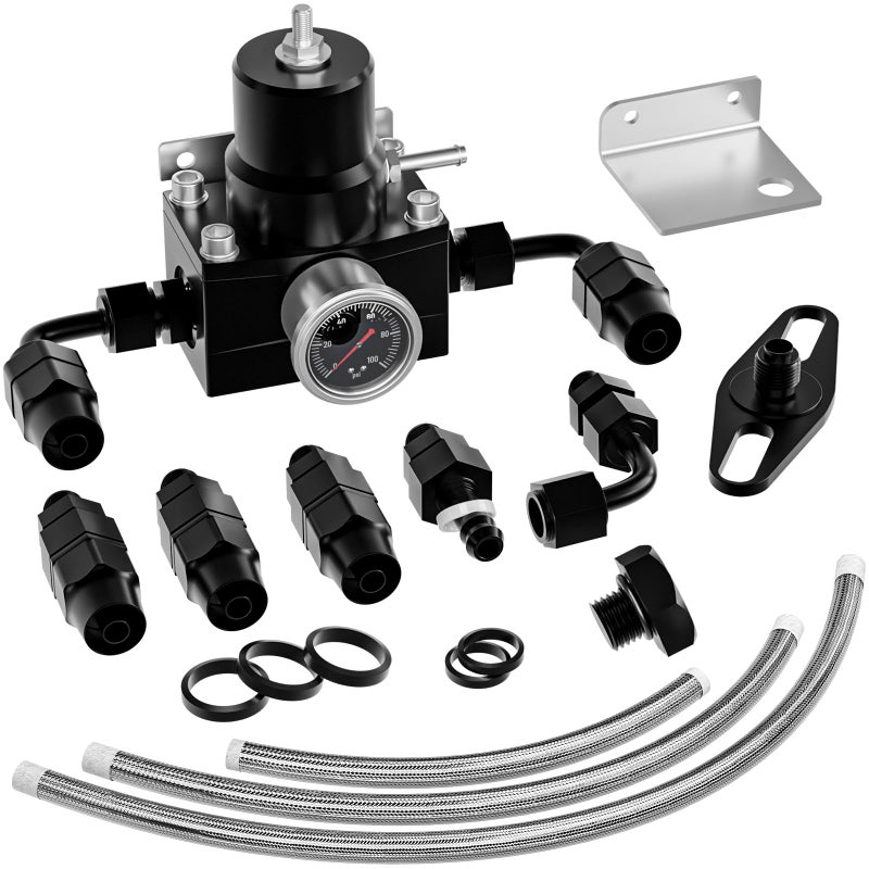 EFI Fuel Pressure Regulator Kit with Bypass Return 0100psi Pressure Gauge AN66AN Fuel Line Hose Fitting Connectors Kit Adjustable Universal Aluminum Silver