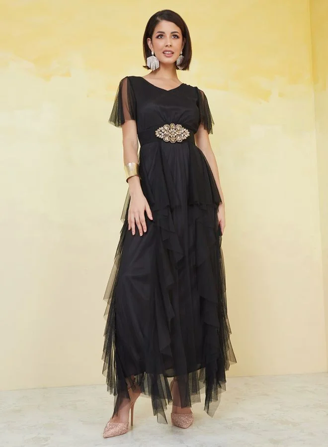 waterfall mesh maxi dress Mesh Waterfall Layered A-Line Maxi Dress For Women at Saudi