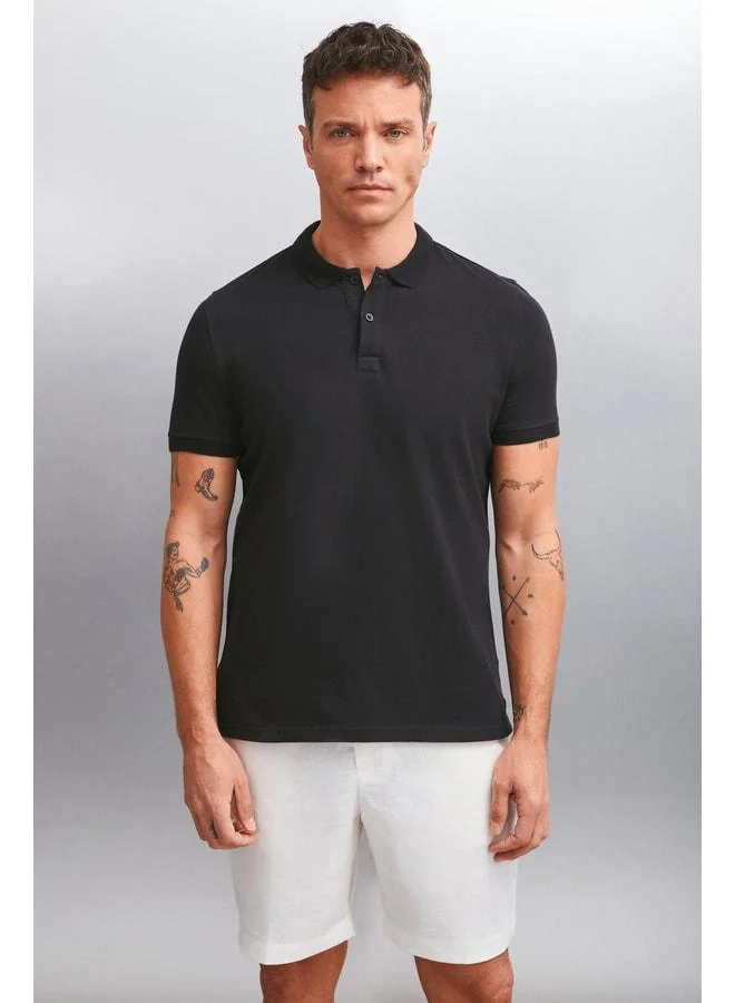 GRIMELANGE MARTEN Men's 100% Cotton Short Sleeve Regular Fit Black Polo Collar T-shirt.