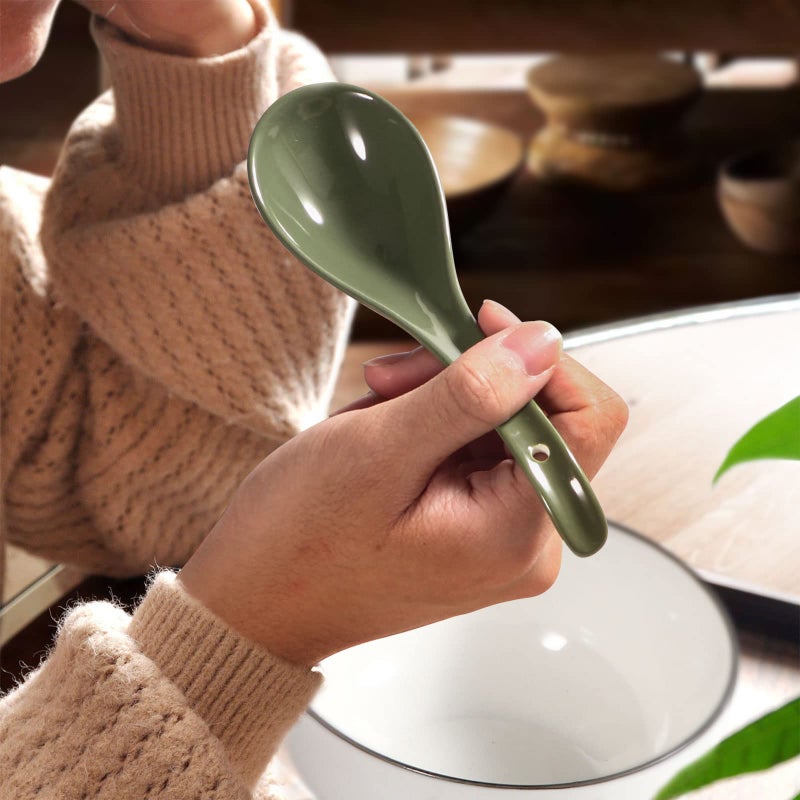 Wareland Green Ceramic Soup Spoons Set of 6, 6.75 Inch Chinese Ramen Spoons for Pho, Cereal, Noodles, Stews, Wonton, Dumpling, Miso - Deep Oval Hook Design, Dishwasher Safe - Image 4