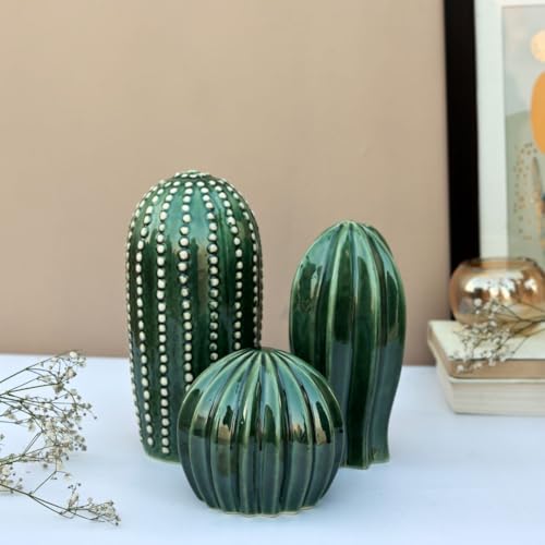 Craftribal Ceramic Cactus Decor Showpiece Set of 3 – Modern Green Succulent Figurines for Home, Office, Living Room, Shelf, Tabletop,Gift – Stylish Indoor Decoration, Boho Minimalist Design - Image 1
