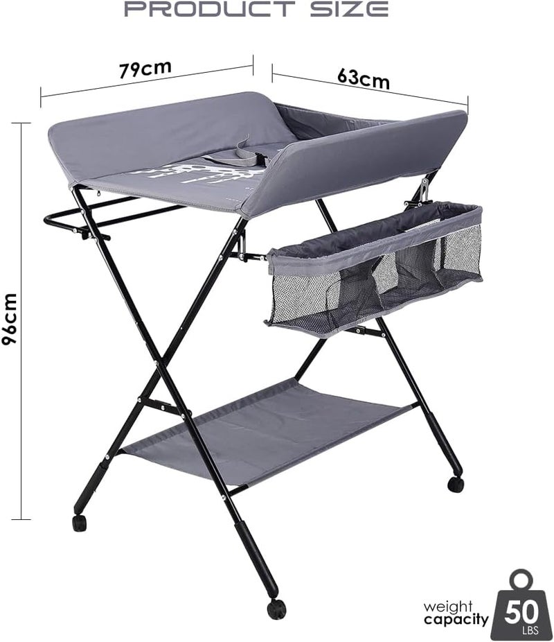 Deoxys Baby Changing Table with Wheels, Portable Adjustable Height Folding Diaper Station with Nursery Organizer & Storage Rack for Newborn Baby and Infant - Image 3