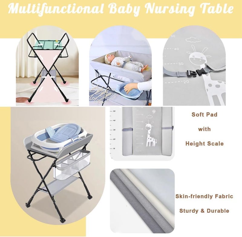 Deoxys Baby Changing Table with Wheels, Portable Adjustable Height Folding Diaper Station with Nursery Organizer & Storage Rack for Newborn Baby and Infant - Image 4
