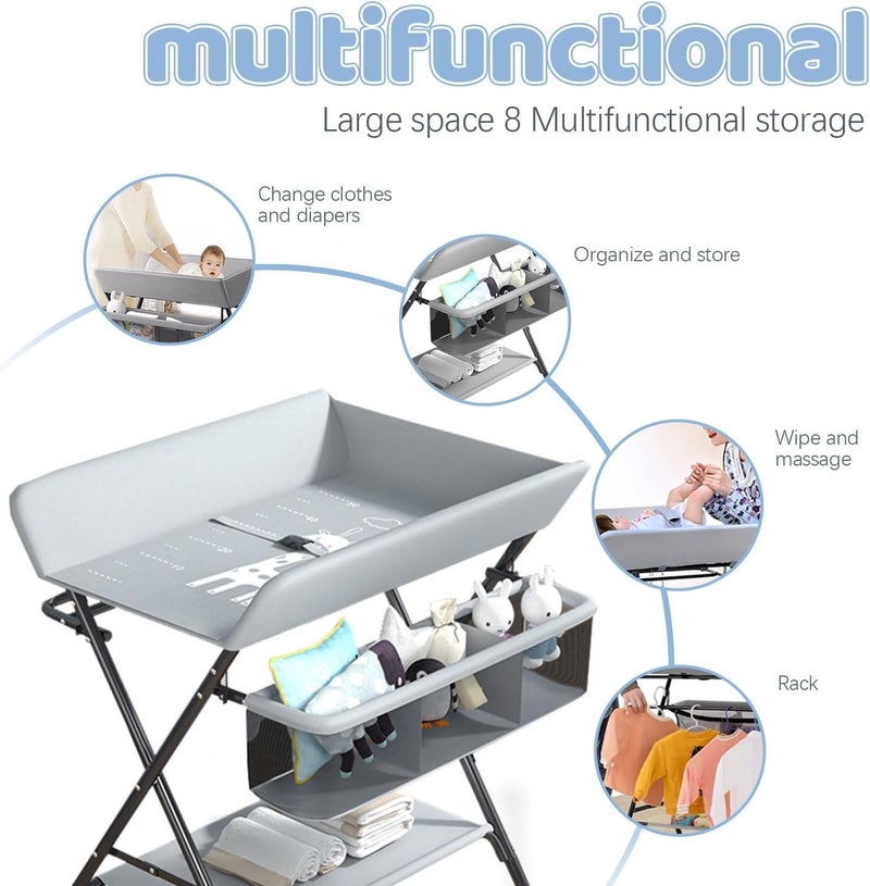 Deoxys Baby Changing Table with Wheels, Portable Adjustable Height Folding Diaper Station with Nursery Organizer & Storage Rack for Newborn Baby and Infant - Image 2