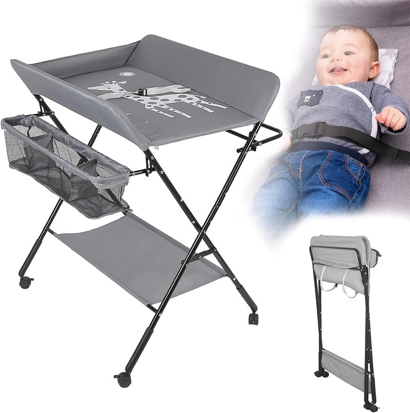 Deoxys Baby Changing Table with Wheels, Portable Adjustable Height Folding Diaper Station with Nursery Organizer & Storage Rack for Newborn Baby and Infant - Image 1