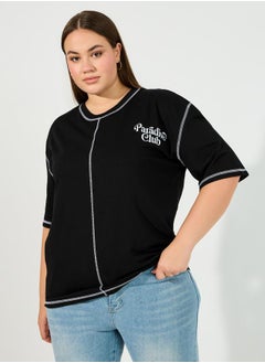 Styli Plus Size Overlock Seam Slogan Print Oversized T-Shirt  - Image 1