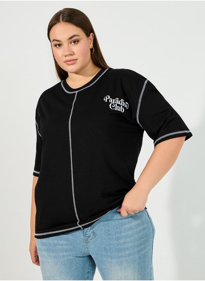 Styli Plus Size Overlock Seam Slogan Print Oversized T-Shirt  - Image 1