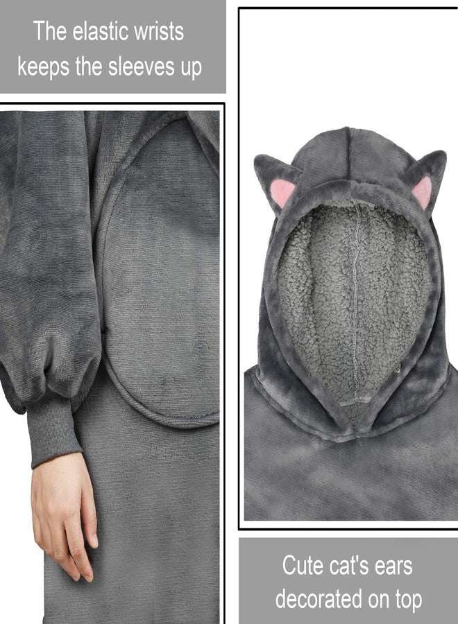 Solaris Cat Wearable Blanket Hoodie for Kids - Warm Soft Gift, Oversized Cozy Sherpa Fleece Sweatshirt Pullover for Teens, Girls, Boys, Large Pocket, Gray - Image 2