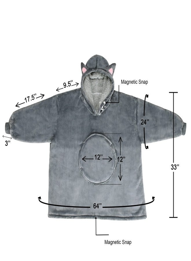 Solaris Cat Wearable Blanket Hoodie for Kids - Warm Soft Gift, Oversized Cozy Sherpa Fleece Sweatshirt Pullover for Teens, Girls, Boys, Large Pocket, Gray - Image 5