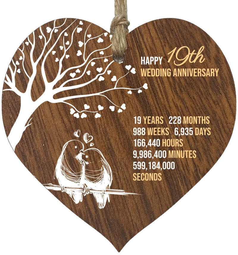 Stuff4 19th Wedding Anniversary Wooden Heart Plaque  Dark Wood Sign Keepsake  Celebrate Anniversary Wife Husband Boyfriend Girlfriend Mom Dad  Plaque with Quotes Gifts from the Kids - Image 1