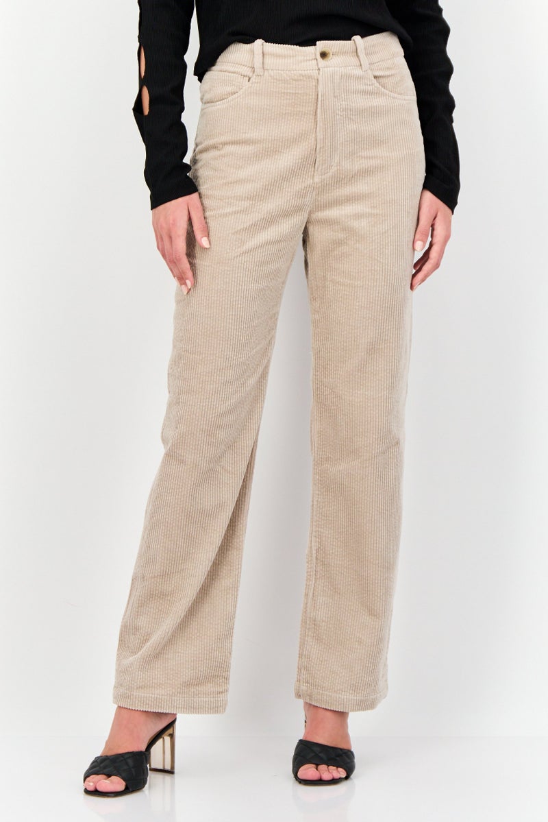 ESPRIT Women Regular Fit Textured Corduroy Pants, Taupe - Image 1