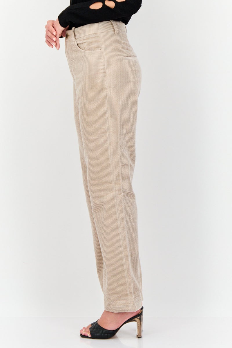 ESPRIT Women Regular Fit Textured Corduroy Pants, Taupe - Image 2