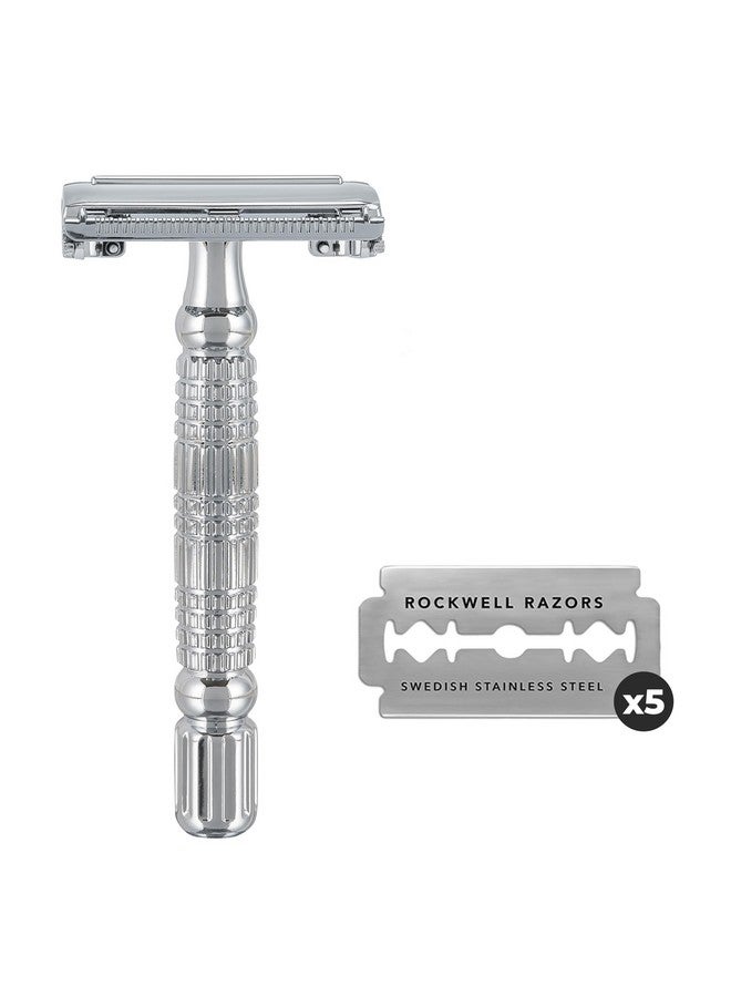 روكويل رايزورز ماكينة حلاقة آمنة R1 بحافة مزدوجة باللون الأبيض الكروم الفراشة المفتوحة + 5 شفرات حلاقة سويدية من الفولاذ المقاوم للصدأ - Image 1