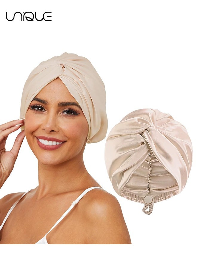 Unique Silk Satin Hair Bonnet for Sleeping, Adjustable Double Layer Hair Wrap Sleep Cap for Unisex Curly Natural Hair, Soft Silk Turban One Size (Apricot)  - Image 1