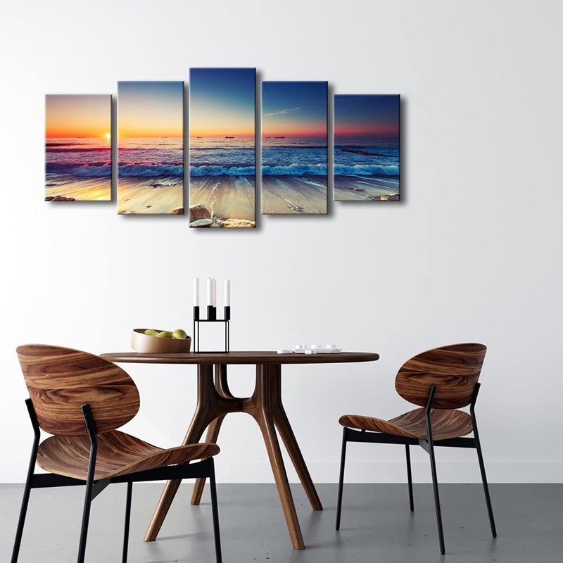 Pyradecor Ocean Seascape Canvas Prints Wall Art Sea Beach Pictures Paintings for Living Room Bedroom Home Decorations 5 Piece Modern Stretched Ready to Hang Landscape Artwork - Image 4