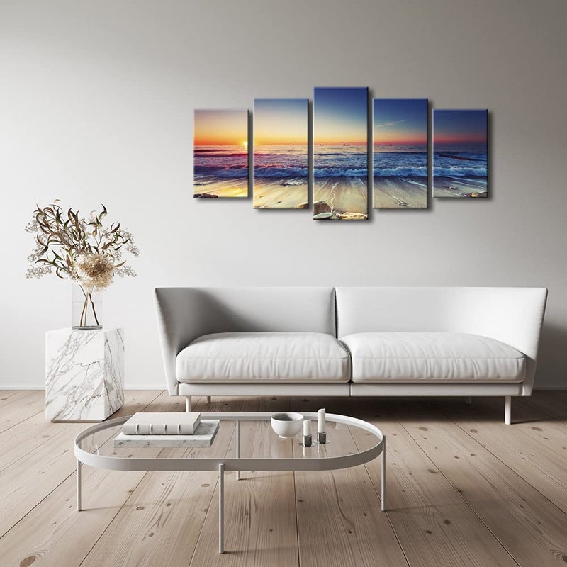 Pyradecor Ocean Seascape Canvas Prints Wall Art Sea Beach Pictures Paintings for Living Room Bedroom Home Decorations 5 Piece Modern Stretched Ready to Hang Landscape Artwork - Image 5