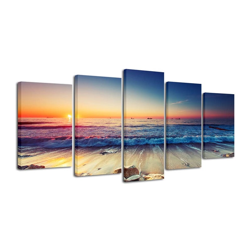 Pyradecor Ocean Seascape Canvas Prints Wall Art Sea Beach Pictures Paintings for Living Room Bedroom Home Decorations 5 Piece Modern Stretched Ready to Hang Landscape Artwork - Image 1