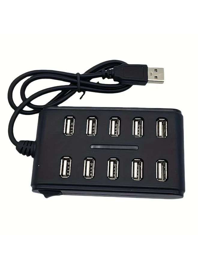 Black 10 Port USB 2.0 Hub With Switch And Power For Desktop Laptop - Image 1
