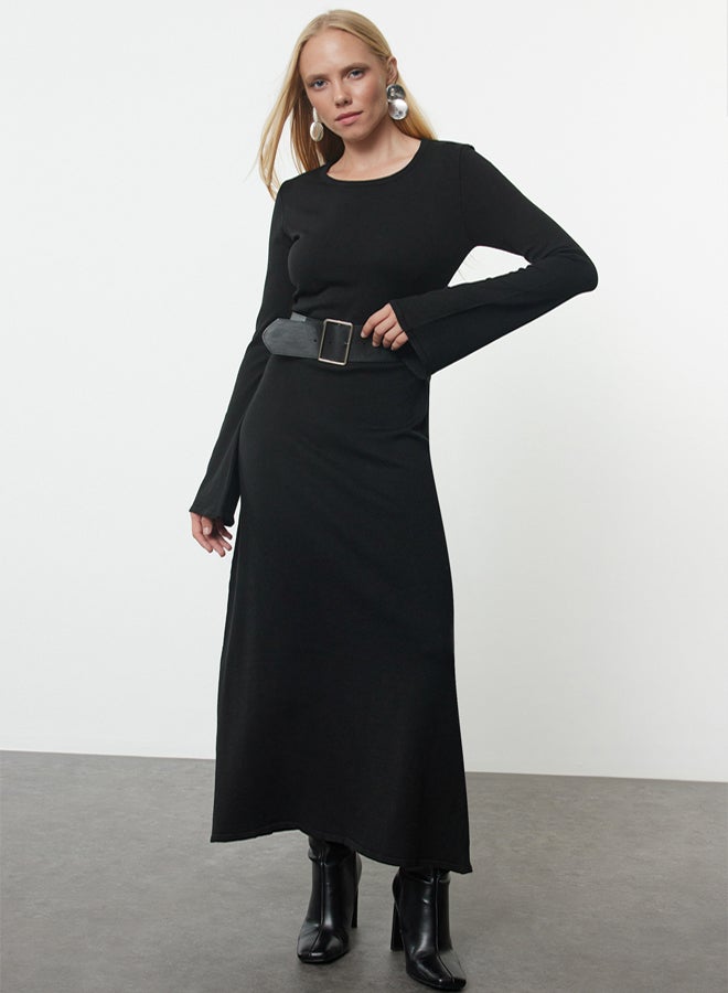 trendyol Black Mercerized Look Premium/Special Yarn Midi Knitwear Belted Dress - Image 1