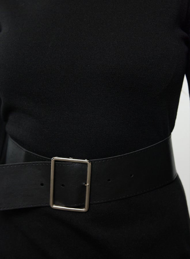 trendyol Black Mercerized Look Premium/Special Yarn Midi Knitwear Belted Dress - Image 4