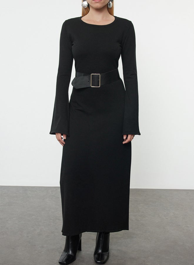 trendyol Black Mercerized Look Premium/Special Yarn Midi Knitwear Belted Dress - Image 3