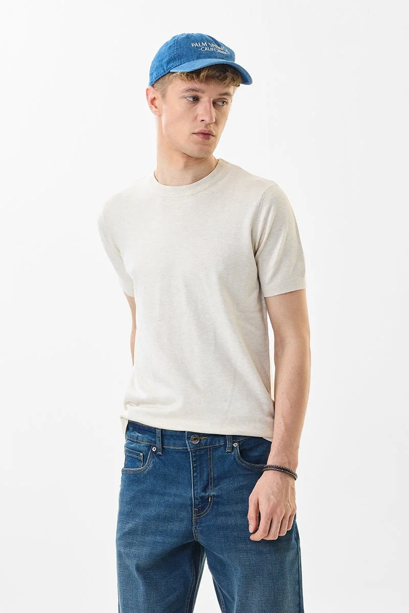 سنيتش Beige Solid Half Sleeve Slim Fit T-Shirt