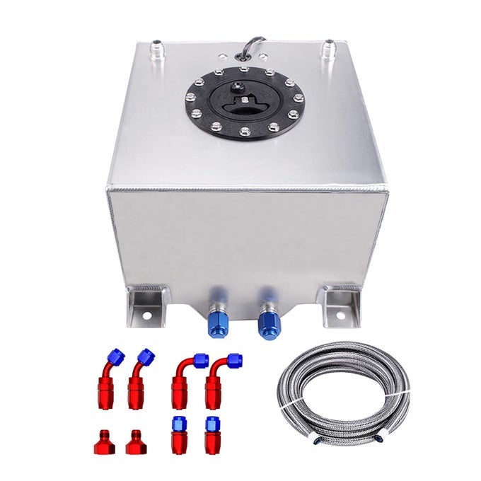 Aluminum Polished 5 Gallon 20L Universal Gas Tank With Level Sender 6An 10Ft Fuel Line Kit Quick Release Fuel Cap Silver