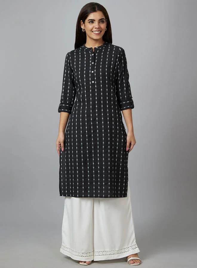globus Globus Printed Mandarin Collar Pure Cotton Kurta