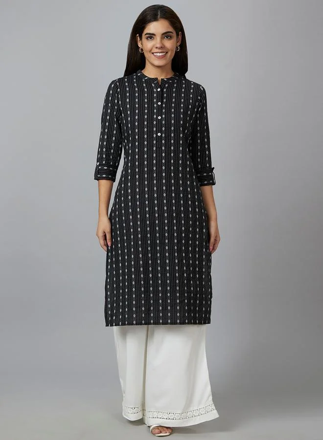 globus Globus Printed Mandarin Collar Pure Cotton Kurta