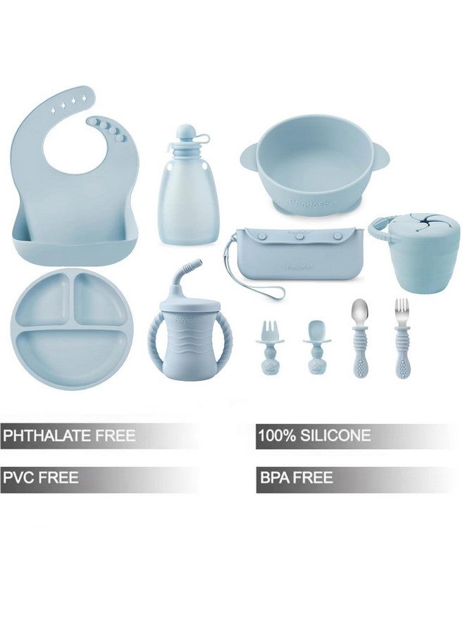 باندا إير مجموعة تغذية الأطفال من السيليكون من باندا إير | 11 قطعة من أدوات التغذية الذاتية لفطام الأطفال | طبق شفط مقسم، وعاء، مرايل، كوب شرب مع حقيبة طعام للأطفال، وعاء وجبات خفيفة، ملاعق، شوك، أزرق - Image 1
