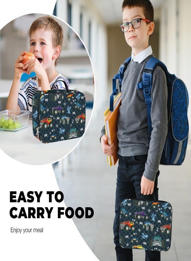 Clastyle Black Race Car Insulated Lunch Bag for Kids Boy, Colourful Trucks Portable Large Thermal Cooler Lunch Box Bag for School - Image 2