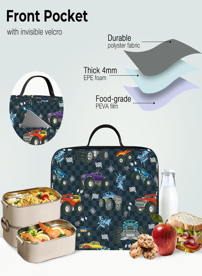 Clastyle Black Race Car Insulated Lunch Bag for Kids Boy, Colourful Trucks Portable Large Thermal Cooler Lunch Box Bag for School - Image 5