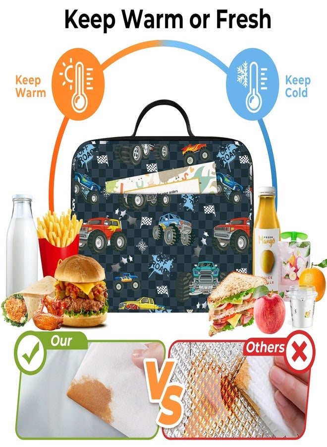 Clastyle Black Race Car Insulated Lunch Bag for Kids Boy, Colourful Trucks Portable Large Thermal Cooler Lunch Box Bag for School - Image 3