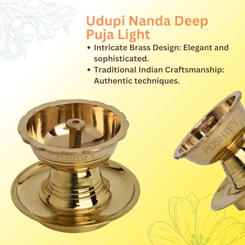 POSHIFY Udupi Nanda Brass Diya (pack of 2) - Handcrafted Traditional Indian Oil Lamp for Puja, Home Decor, Festivals & Spiritual Growth - 511 - Image 3