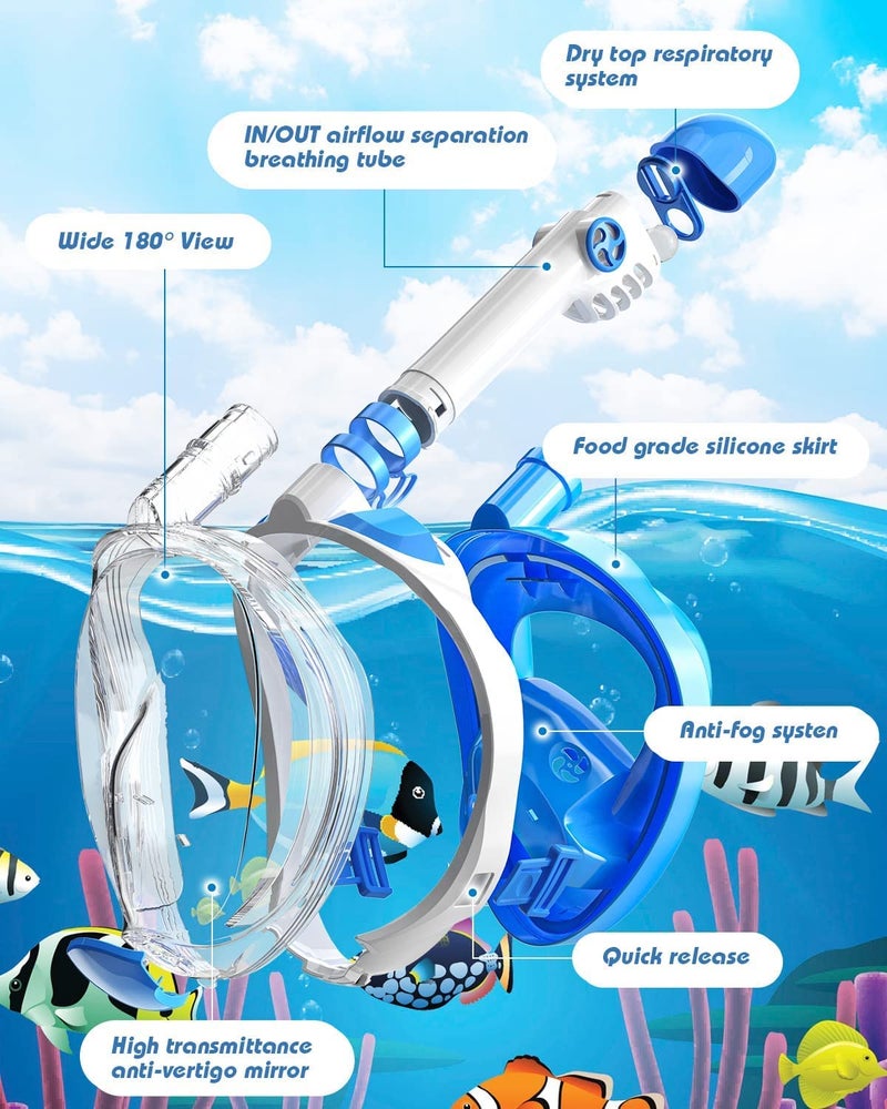 FEELING MALL Snorkel Mask Full Face, Full Face Snorkel Mask with Dry Top Breathing System, 180 Degree Panoramic View Snorkeling Gear Anti-Fog Anti-Leak with Camera Mount for Adults (Blue) - Image 3