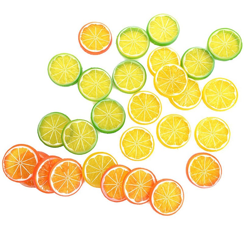 NUOMI 30 Pieces Plastic Lemon Slices Artificial Fake Lemon Props Lifelike Fruit Model for Decoration Garnish Photography Props DIY Teaching 5 CM2 Inch Orange Green and Yellow