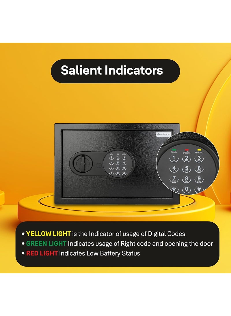 VALENCIA Valencia Crux 200 Digital Safe Locker for Home Office Hotels 9L Pin Code Knob Access Manual Key Intrusion Alarm Light Indicators Steel Body Easy Mounting Black  - Image 2