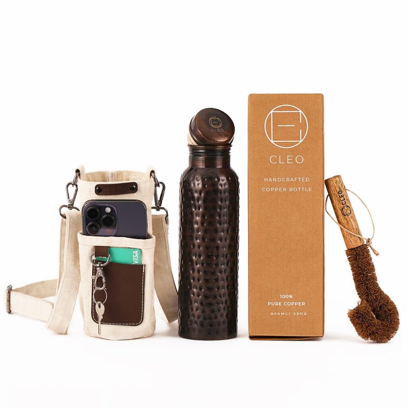 AVA DESIGNZ Hammered Copper Bottle Yoga Ayurvedic Water Bottle, Leak-Proof Copper Vessel Cleaning Brush and Canvas Bag, Joint-Free 100% Pure Copper Water Bottle for Drinking, Thermos, 32 Oz Blac - Image 1