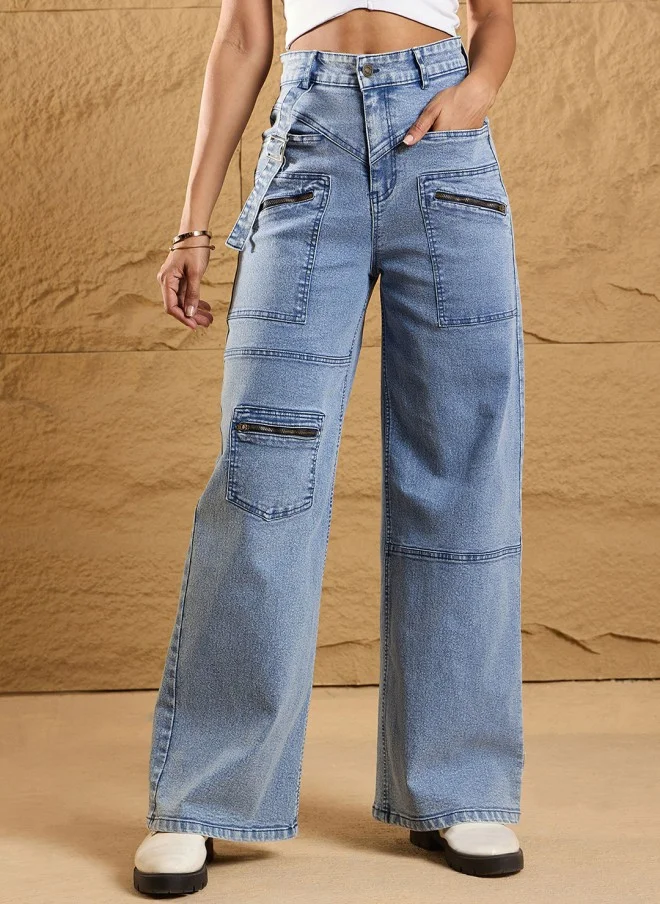 SASSAFRAS Light Blue High-Rise Cargo Jeans for Women