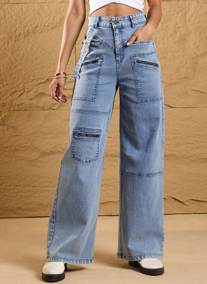 SASSAFRAS Light Blue High-Rise Cargo Jeans for Women - Image 1