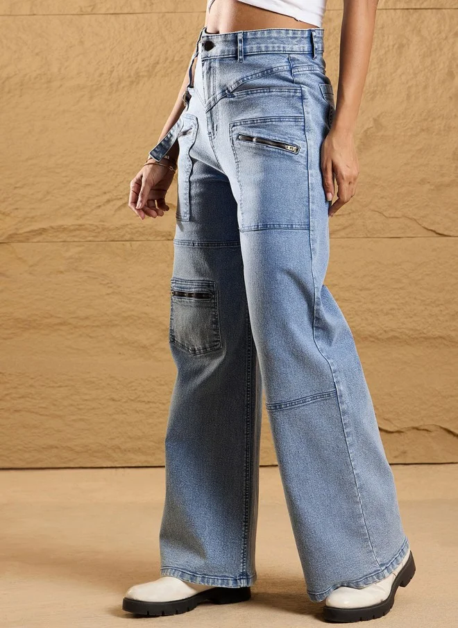 SASSAFRAS Light Blue High-Rise Cargo Jeans for Women