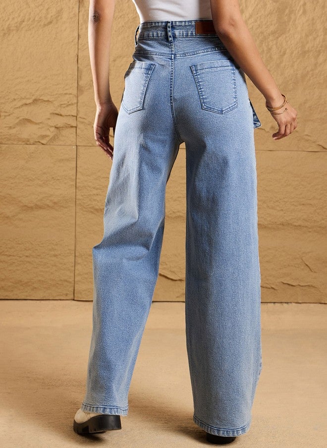 SASSAFRAS Light Blue High-Rise Cargo Jeans for Women - Image 3