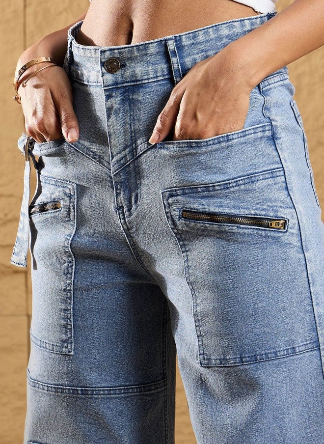 SASSAFRAS Light Blue High-Rise Cargo Jeans for Women - Image 5