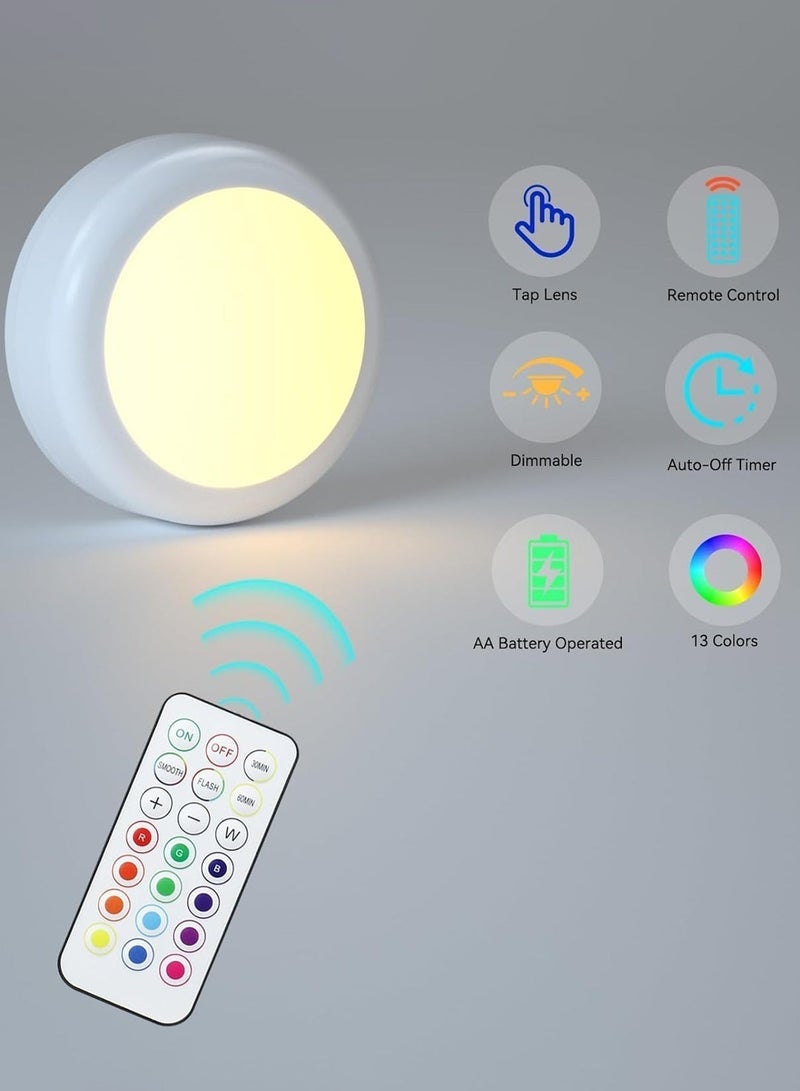 يو ام بي مجموعة من 6 مصابيح قرصية لاسلكية فاخرة بتقنية RGB، تعمل بالبطارية، إضاءة محيطية قابلة للتعتيم بـ 13 لونًا أسفل الخزائن مع جهازَي تحكم عن بُعد ومؤقت، إضاءة لاصقة لإضفاء جو مميز على المطابخ العصرية والخزائن وواجهات العرض. - Image 3